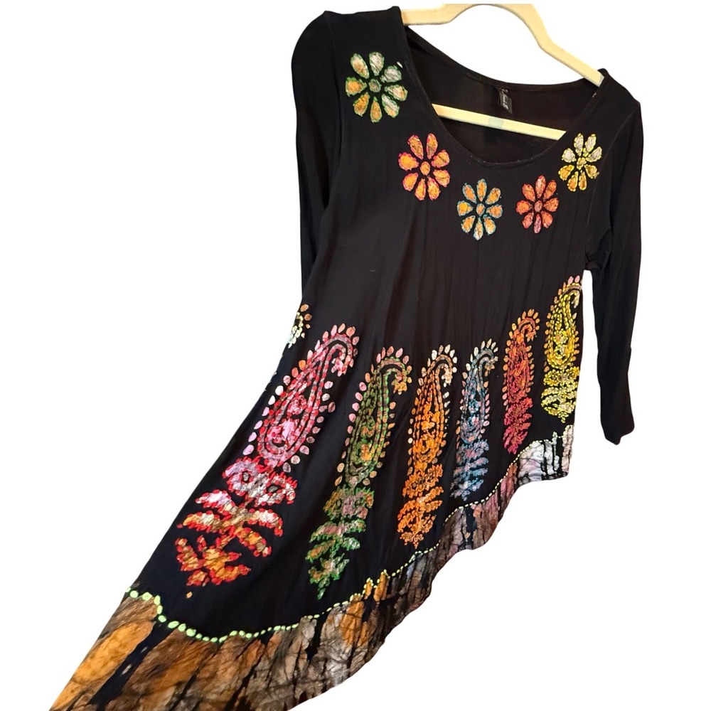 Sacred Threads Womens Black OS Asymmetric Batik Paisley Top Hippie Halloween